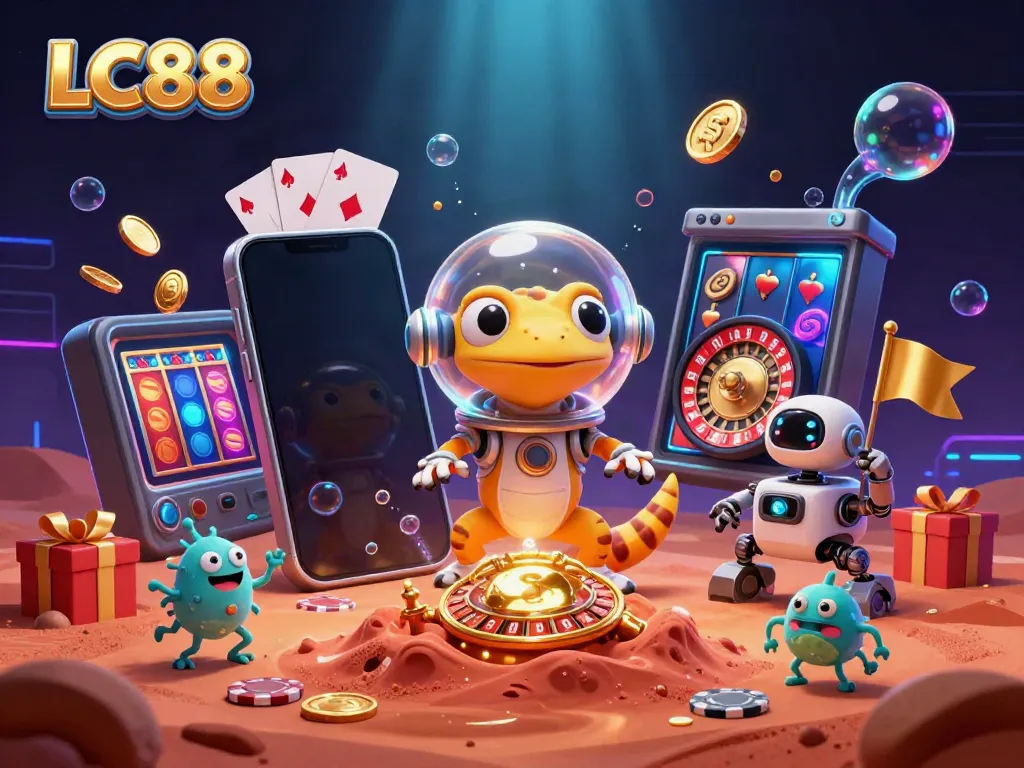 Experience excitement with LC88 as a Martian gecko explores a golden casino in a vibrant 3D illustration.