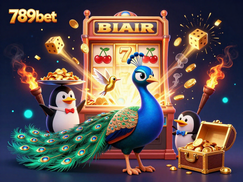 Engage with exciting games at 789bet with a vibrant casino scene featuring a peacock, penguin, and hummingbird.