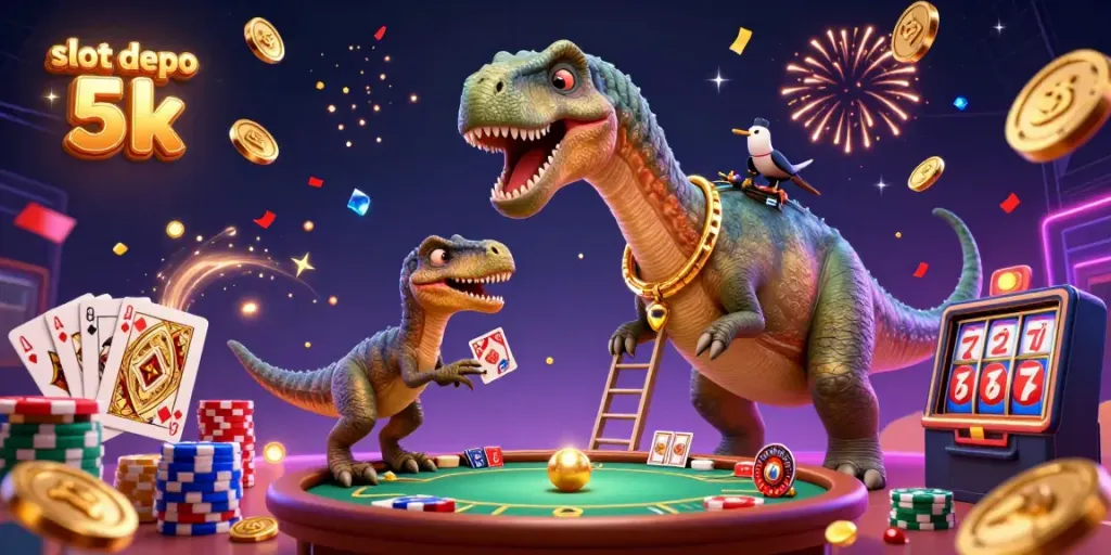 Engaging illustration of a giant brontosaurus and clever raptor in a casino scene, celebrating wins with slot depo 5k elements.