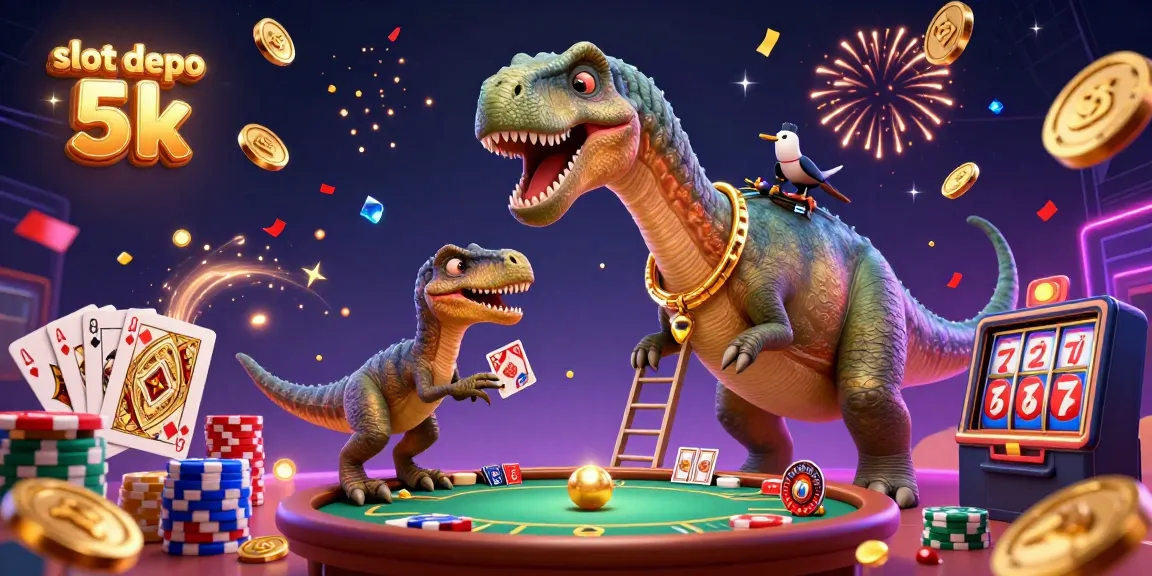 Engaging illustration of a giant brontosaurus and clever raptor in a casino scene, celebrating wins with slot depo 5k elements.