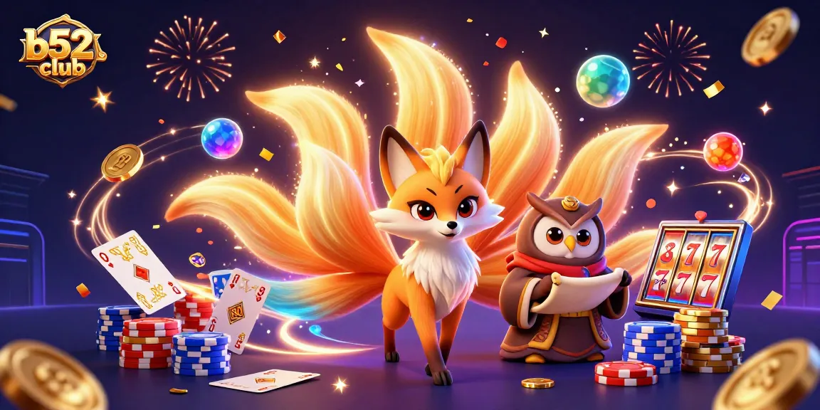 B52club showcases vibrant gaming action with a nine-tailed fox spirit and owl sage amid sparkling coins and playing cards.