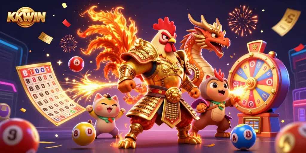 Experience KKWIN's thrilling vibe as a rooster warrior and dragon hatchling celebrate wins amidst a dynamic casino scene.
