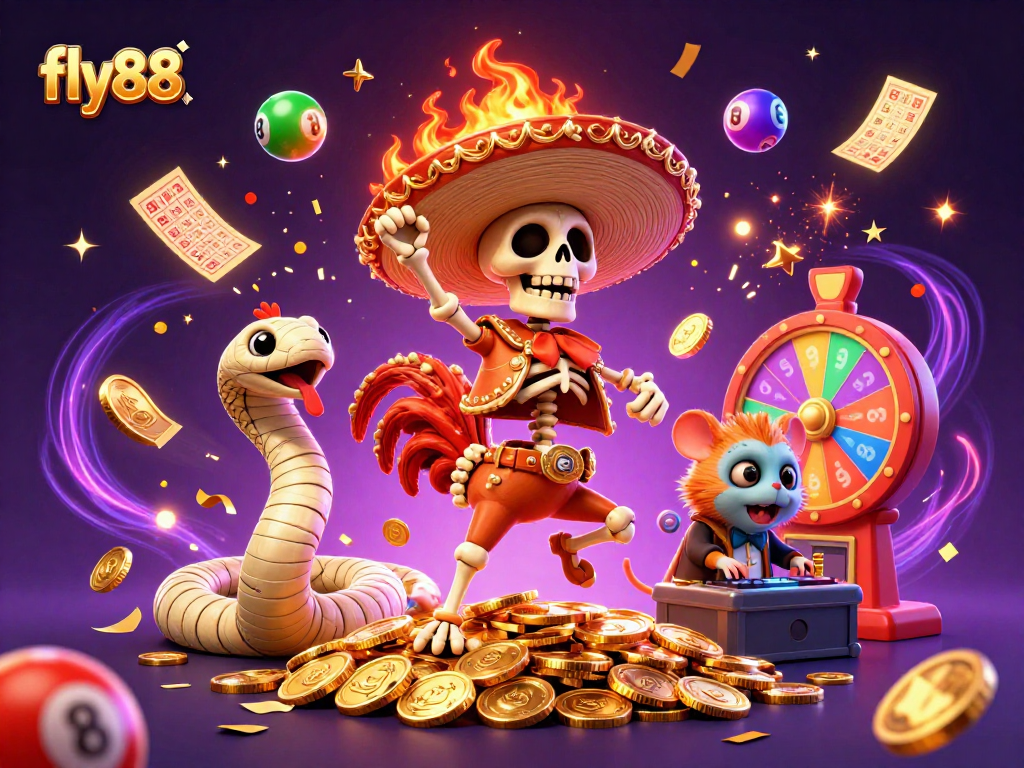 Experience thrilling wins at fly88 with games and golden coins galore in this vibrant illustration.