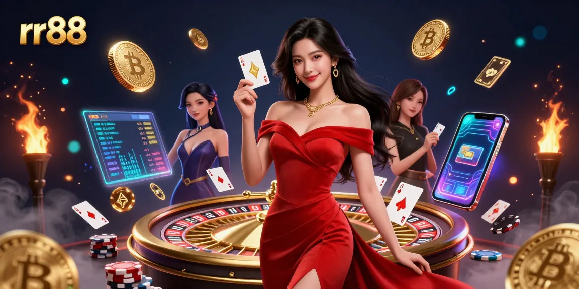 Experience the thrill of rr88 online gaming with stunning artwork showcasing a glamorous lady by the roulette wheel.