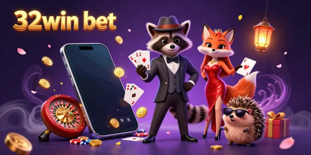 Engage in the thrilling world of 32win bet with animated casino characters and vibrant game elements, illustrating an exciting online betting scene.