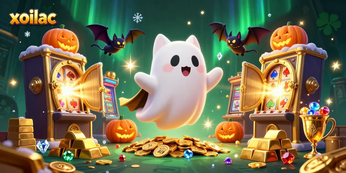 Win big with xoilac in this vibrant slots-themed haunted casino illustration.