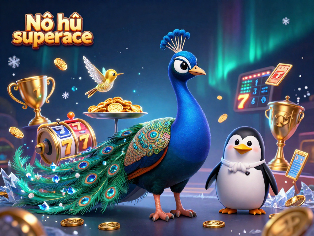 Nổ hũ superace players spinning slots with a vibrant peacock and golden elements.