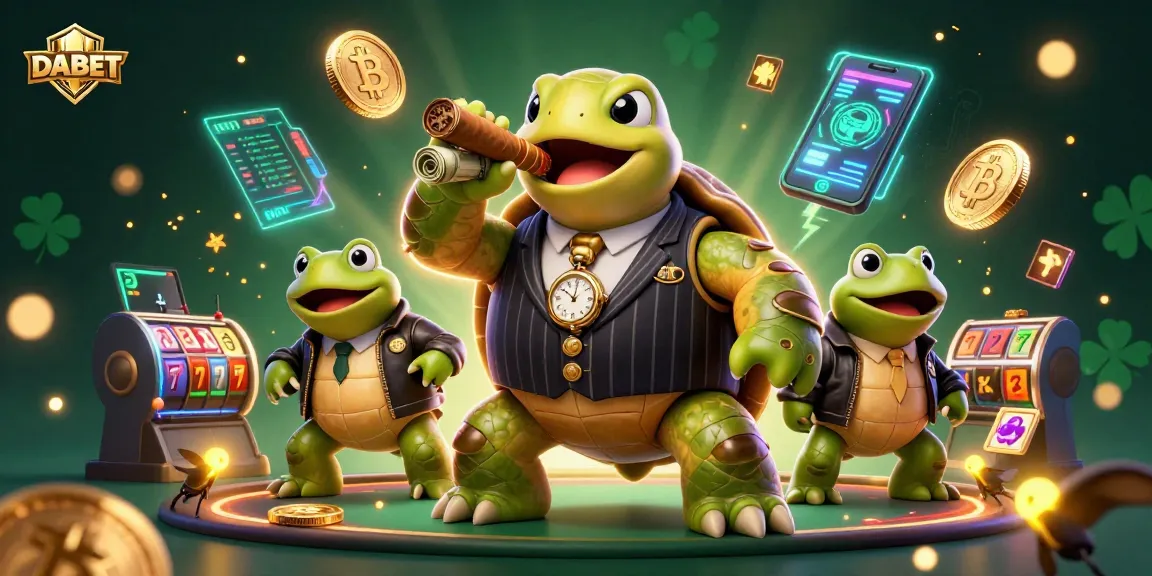 DABET themed illustration featuring a massive snapping turtle in a mobster suit with casino elements and vibrant 3D styles.