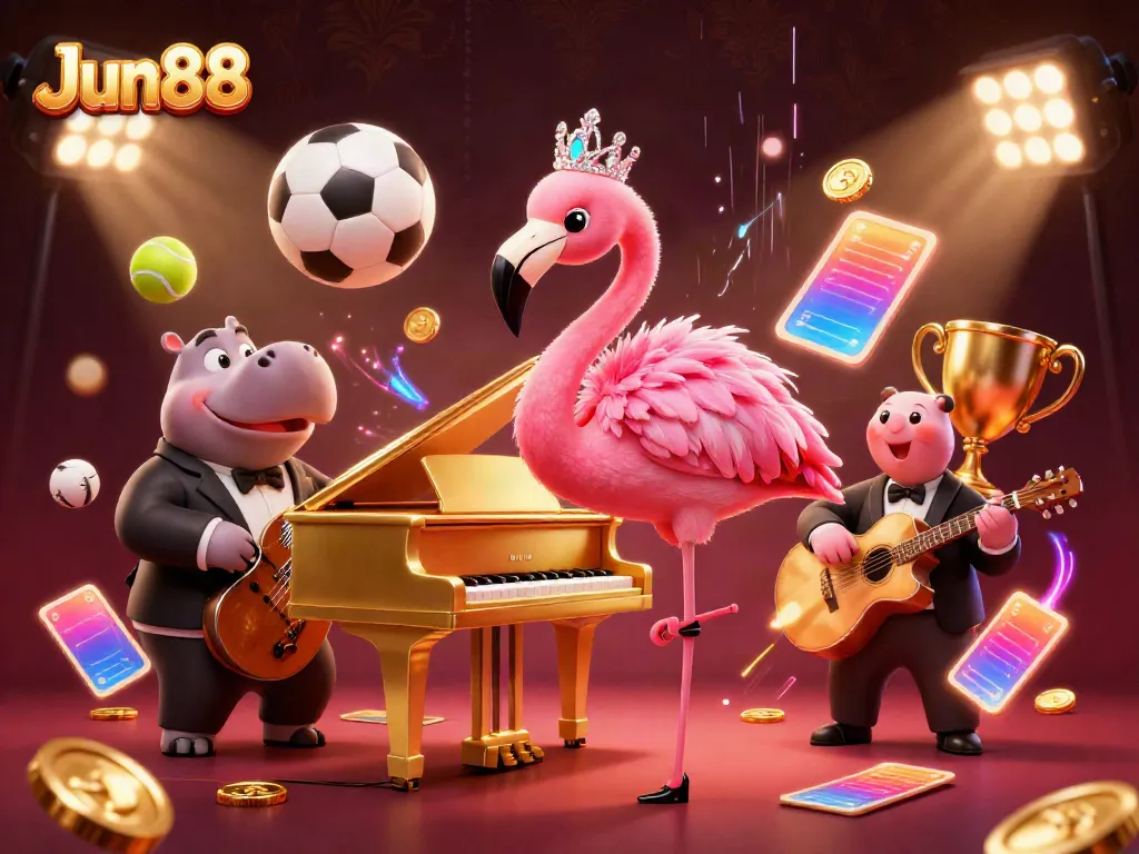 Engage in thrilling bets with Jun88 featuring a flamboyant flamingo singer and stylish hippo bassist in a vibrant casino