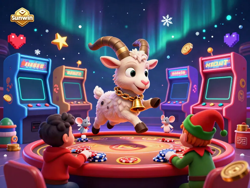 Experience exciting gameplay at Sunwin casino with a festive 3D illustration featuring animated characters and bright gaming elements.