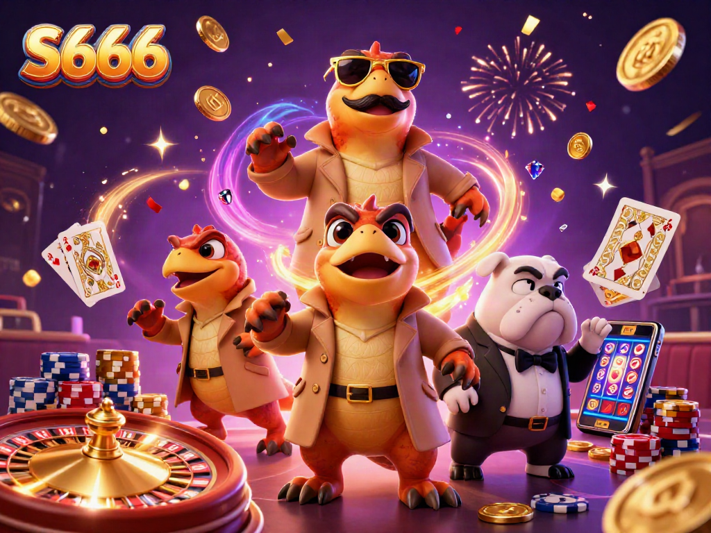 Experience the excitement of S666 casino with playful raptors entering a VIP lounge full of sparkling lights and coins.