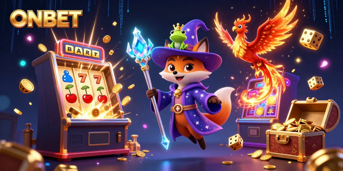 ONBET casino magic scene showcasing a wizard fox, phoenix, and golden slot explosion.