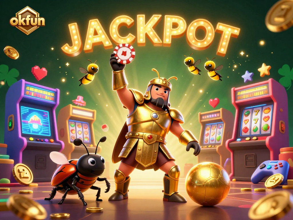 Experience winning moments at okfun with a victorious beetle and a vibrant casino scene