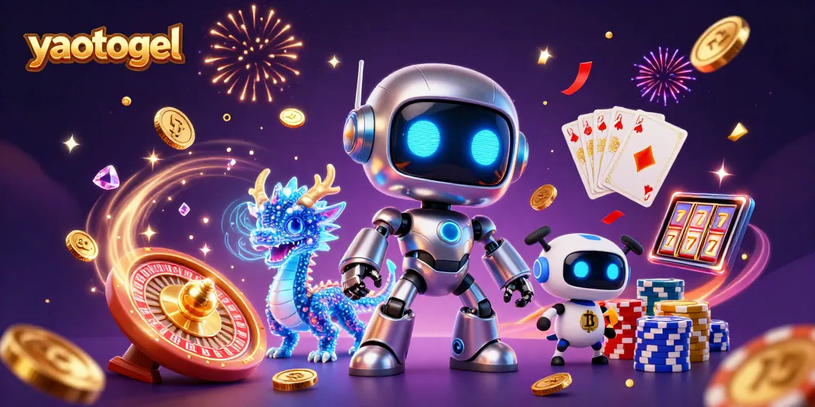 Experience yaotogel excitement with vibrant casino scenes featuring a cyberpunk robot and holographic companions.