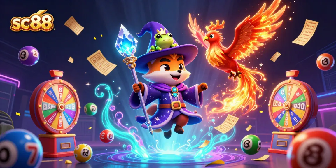 Engage with sc88's thrilling lottery visuals featuring a wizard, phoenix, and vibrant game elements.