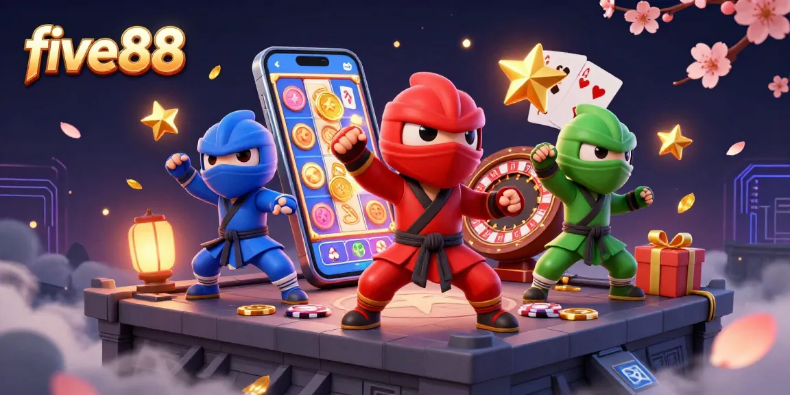 Watch the five88 ninja chameleons spin golden coins and play vibrant slot games in dynamic action.