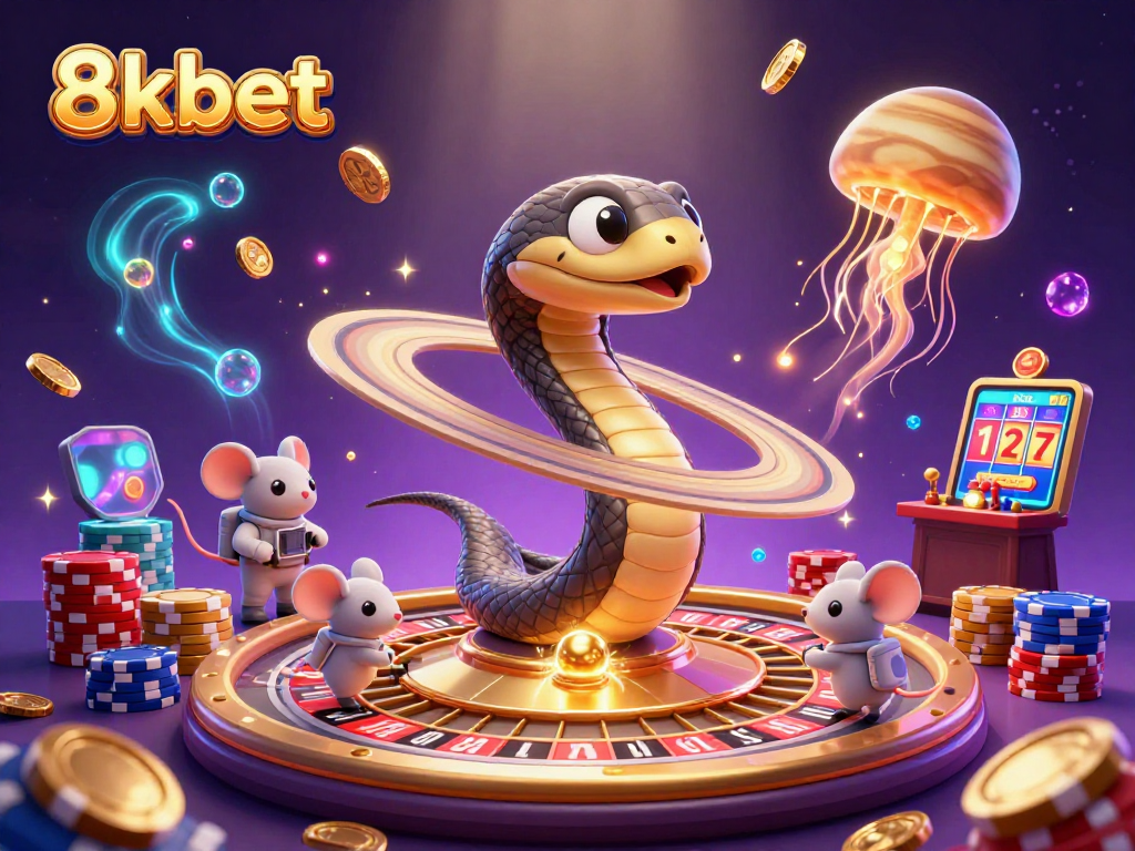 Experience 8kbet's exciting casino adventure with a cosmic roulette scene.