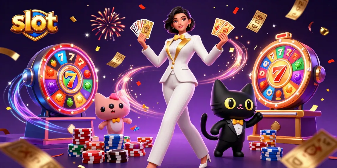 Engage with vibrant slot reels and colorful characters in this dynamic casino scene.