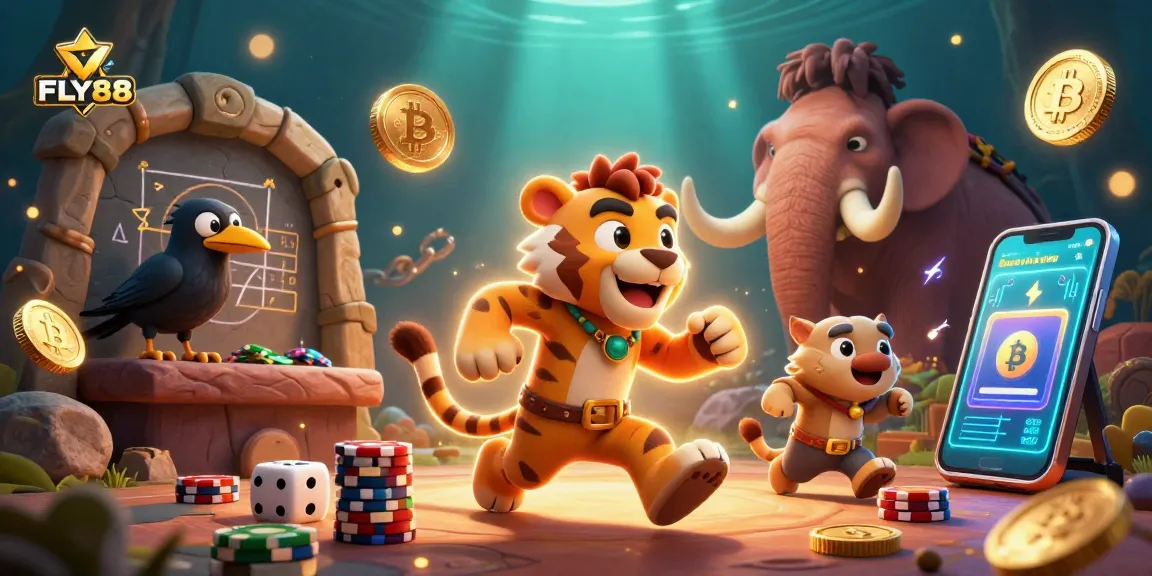 FLY88 gamifies the prehistoric adventure with a captivating scene featuring cartoon characters in a casino.