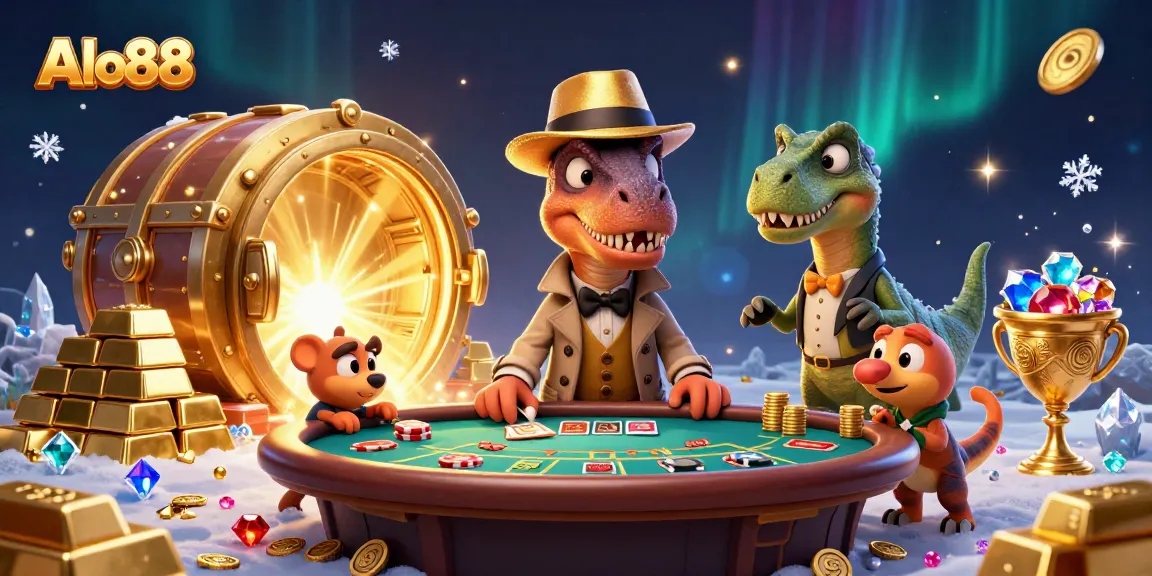 Alo88 shows a velociraptor card counter at a blackjack table with dazzling gems and gold lighting