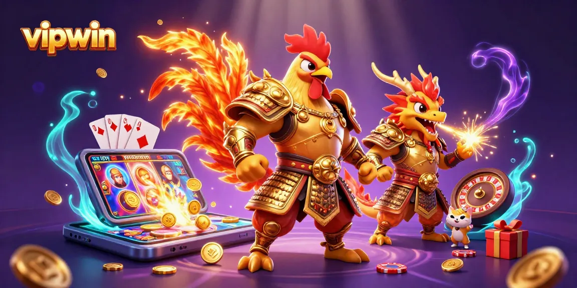 Engage in thrilling vipwin gameplay with a dynamic illustration of a rooster warrior and dragon hatchling amidst casino elements.