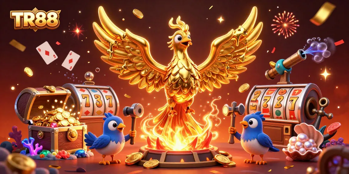 Engage with TR88's thrilling online casino experience featuring explosive gold coins, vibrant slot elements, and dynamic characters.