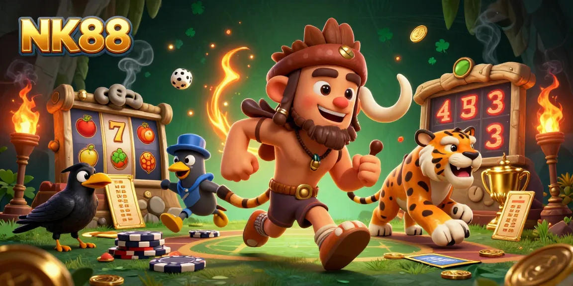 Experience NK88's thrilling casino gameplay with a caveman and sabertooth tiger duo in action.