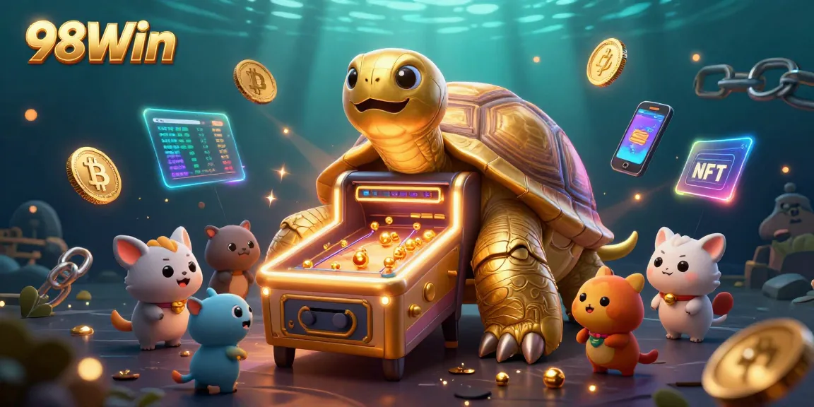 Experience exciting games at 98Win with dynamic 3D casino illustration featuring a tortoise pinball machine.