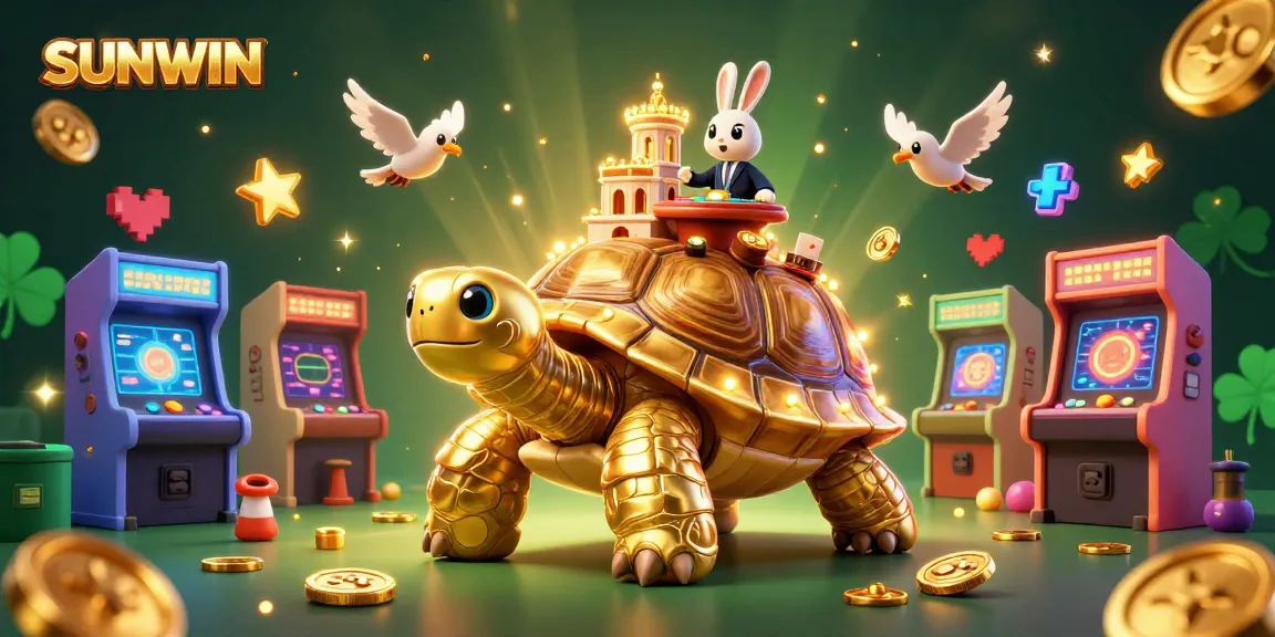 SUNWIN presents a dynamic gaming scene with a golden tortoise casino, colorful game machines, and flying coins.