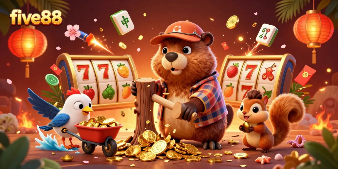 Engage with five88's dynamic casino action featuring cartoon characters enjoying golden rewards