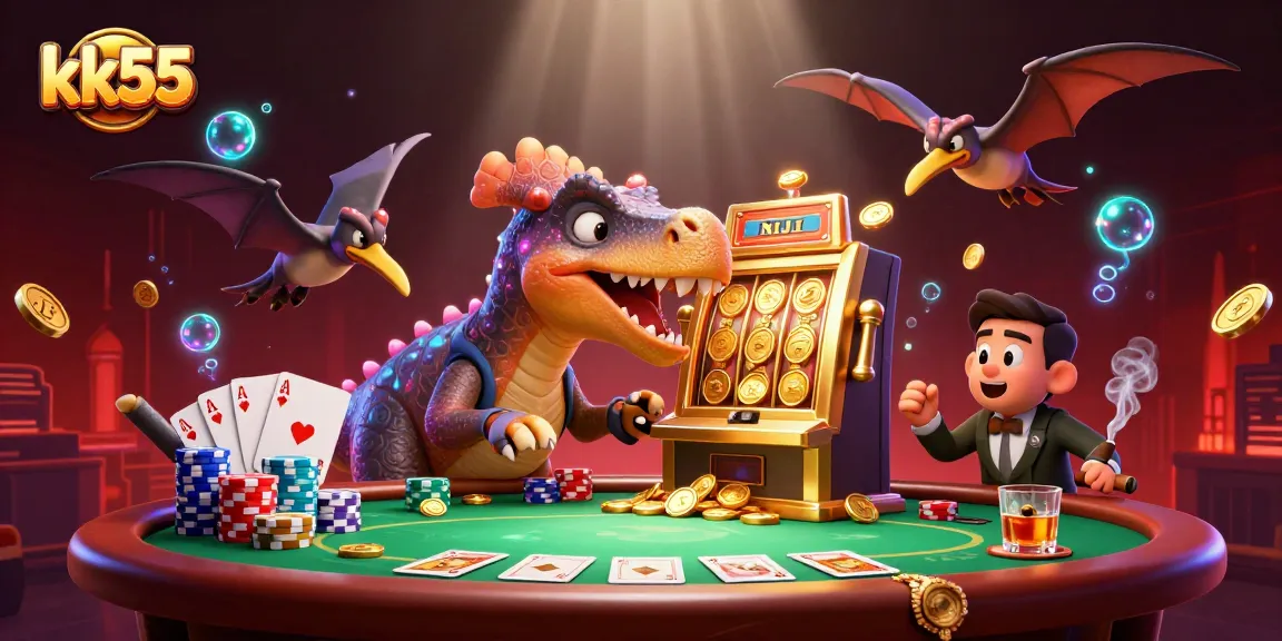 KK55 casino experience portrays a pachycephalosaurus headbutting a slot machine for jackpot coins.