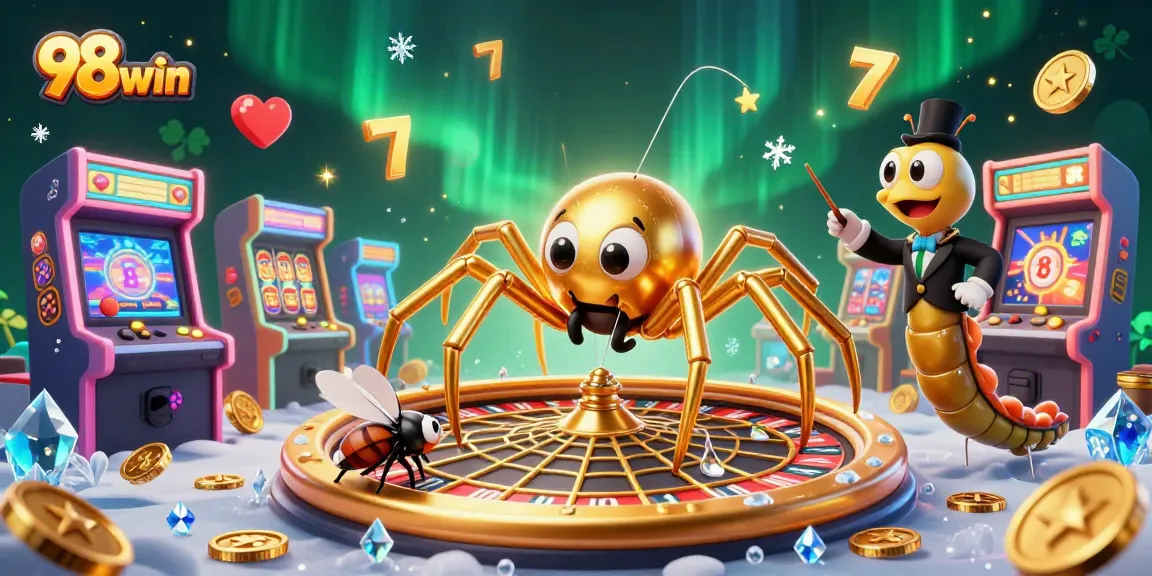 Experience thrilling gameplay with 98win as the golden spider spins its roulette web in a vibrant casino scene.