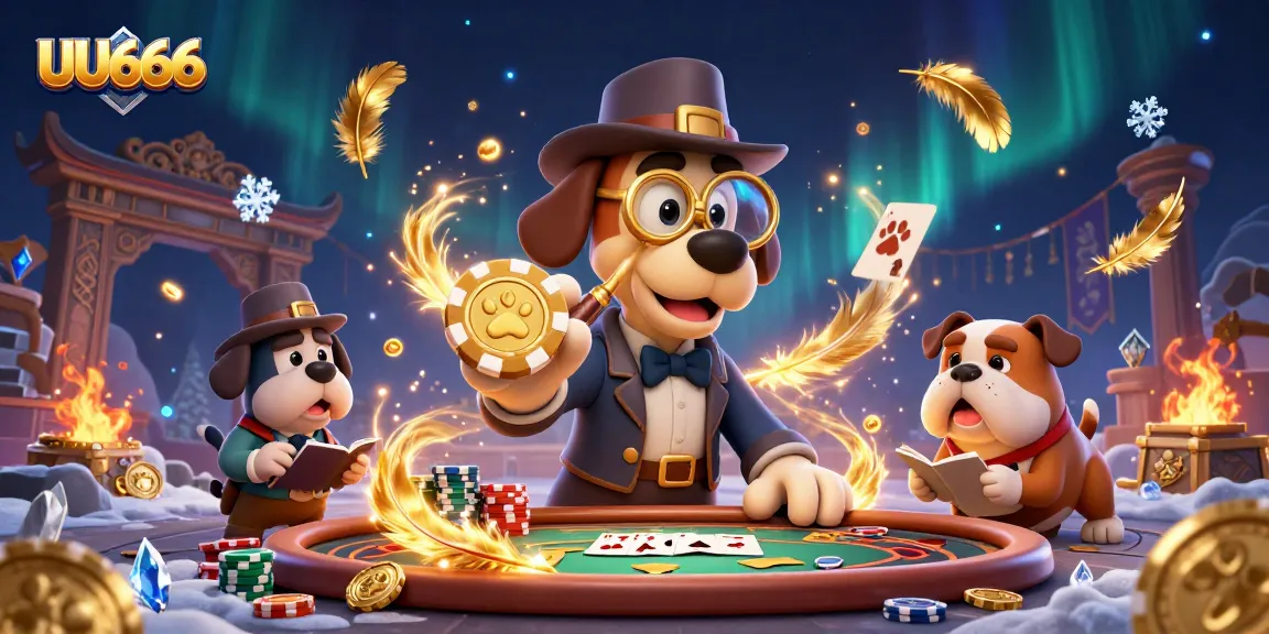 Engage with UU666 in this vibrant casino scene showcasing a detective and companion surrounded by poker chips and golden treasures.