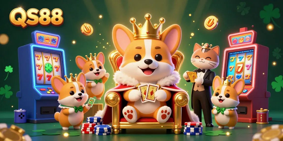 Experience the excitement of QS88 with a royal corgi in a dazzling 3D casino illustration surrounded by colorful slot machines.