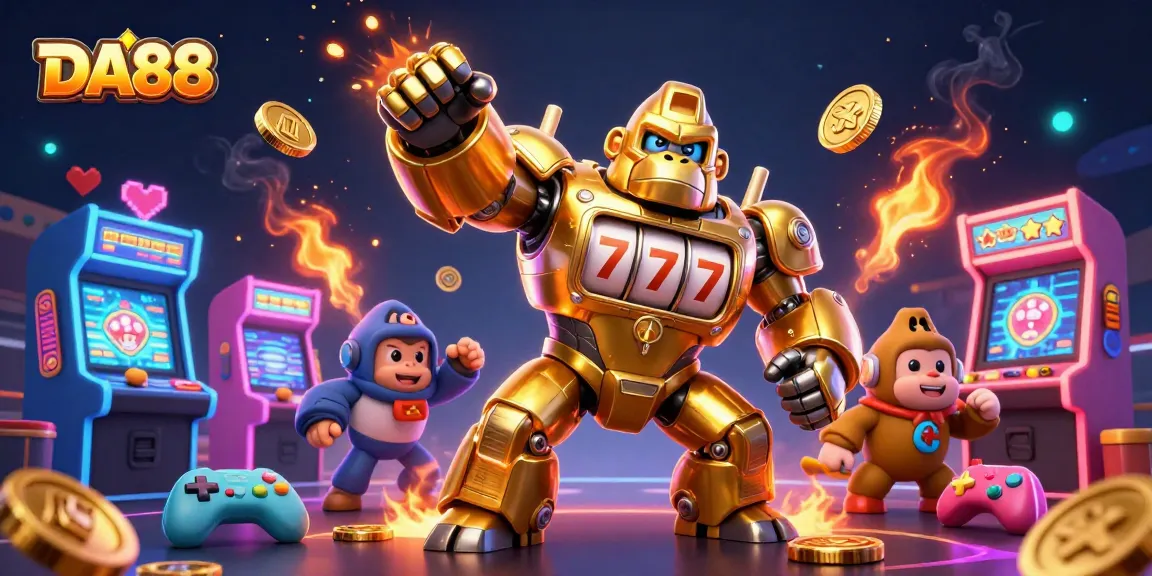 DA88's golden gorilla mech exemplifies casino excitement with spinning reels and dynamic gaming elements.