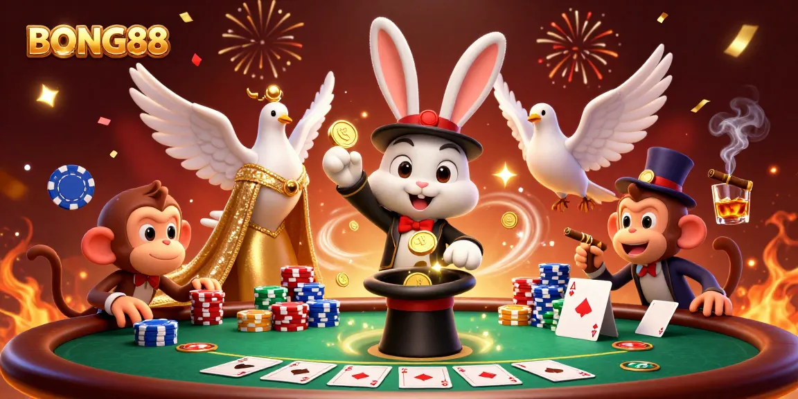 BONG88 features a magician rabbit pulling coins and a monkey with poker chips, creating a vibrant casino scene.