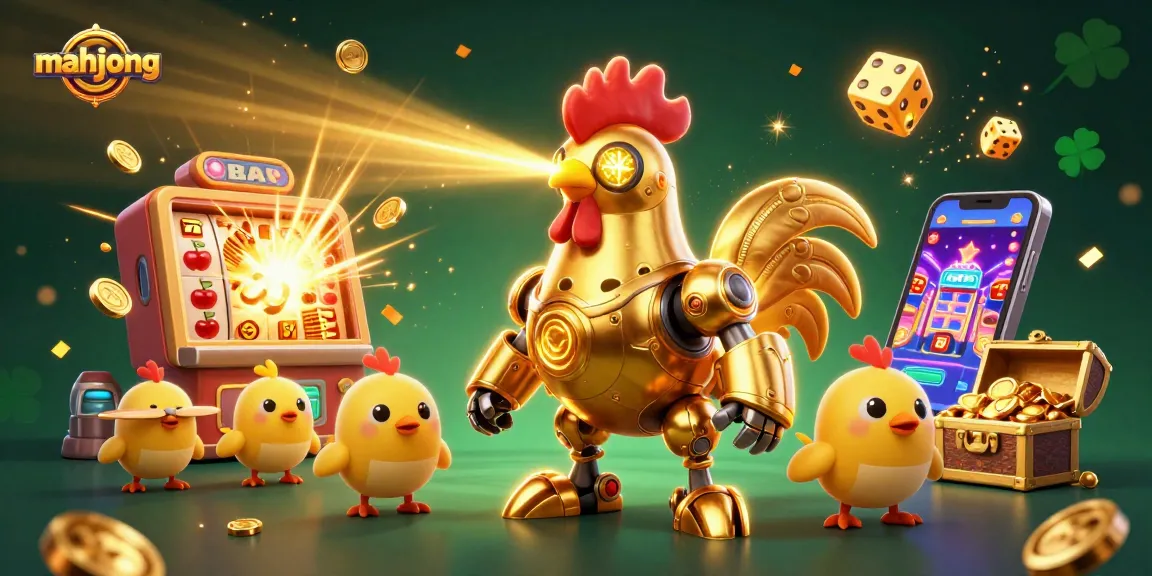 Play thrilling mahjong slots with golden rooster and baby drones in a vibrant jackpot scene.