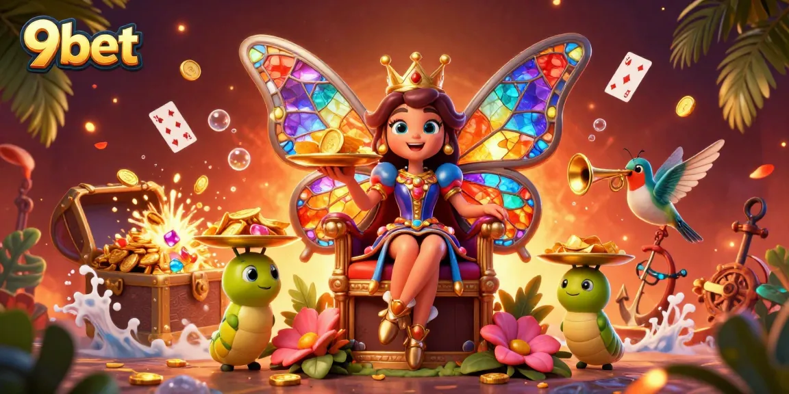 Engage with the vibrant online gaming world of 9bet featuring a cartoon butterfly queen and treasure-filled underwater scene.