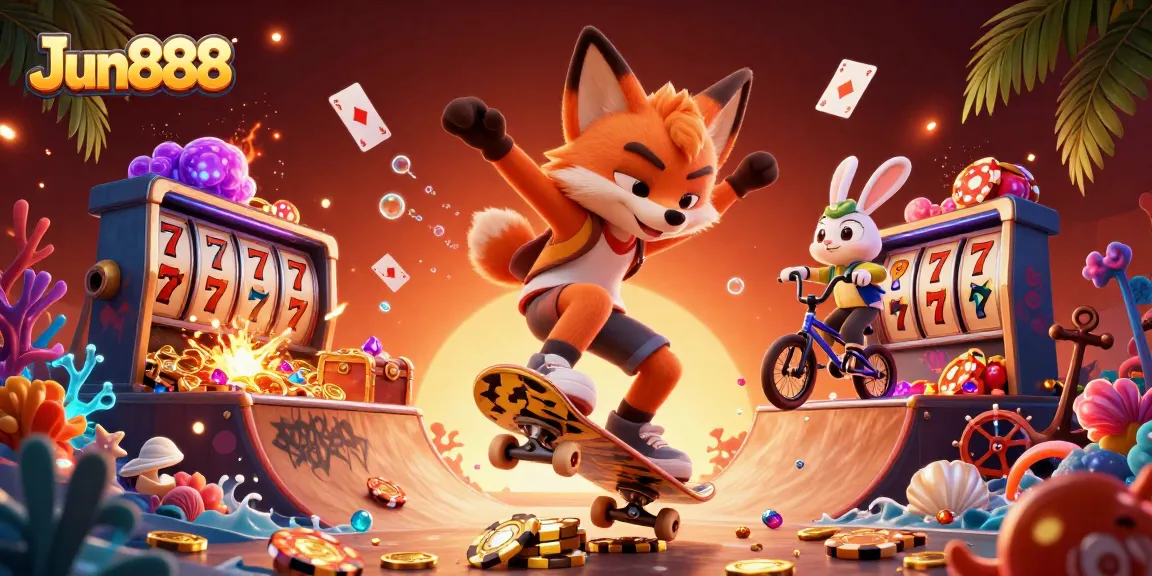 Bet on Jun888 with a skateboarder fox and BMX rabbit in a vibrant casino-themed scene.
