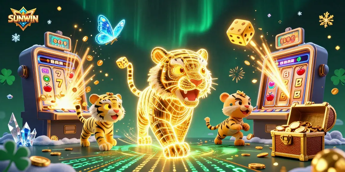 SUNWIN's vibrant casino scene showcases a neon tiger amid a jackpot explosion of light and coins.