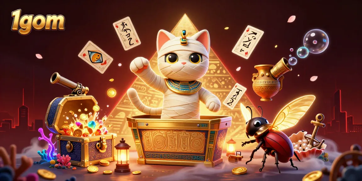 Experience the thrilling adventures of 1gom with the Egyptian mummy cat and glowing scarab in a dynamic casino scene.