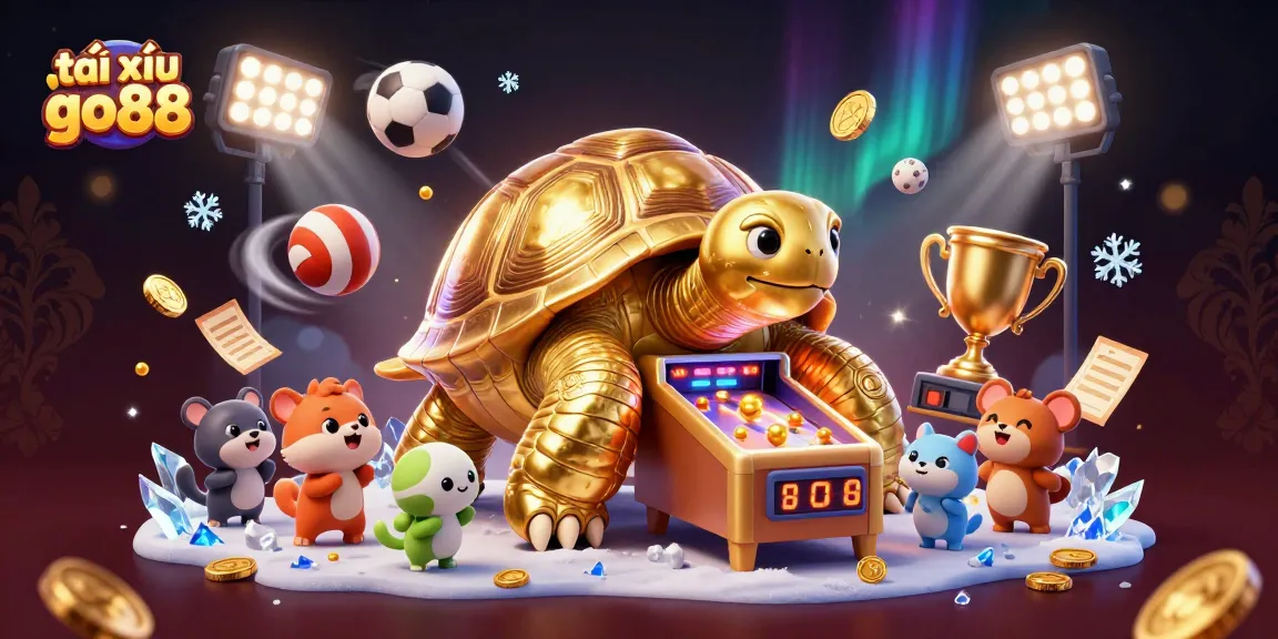 Engage with tài xỉu go88 featuring a golden tortoise pinball amidst dynamic sports elements and glimmering rewards.