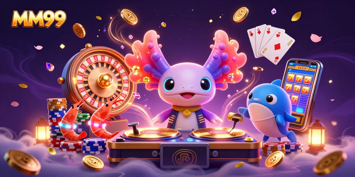Experience the excitement of MM99 gaming with a vibrant 3D illustration featuring a neon axolotl DJ and dynamic casino elements.