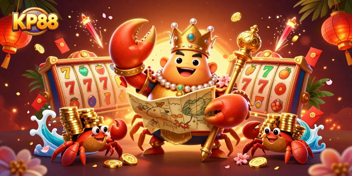 Experience KP88's vibrant atmosphere with a golden crab emperor amidst a rich gaming scene.