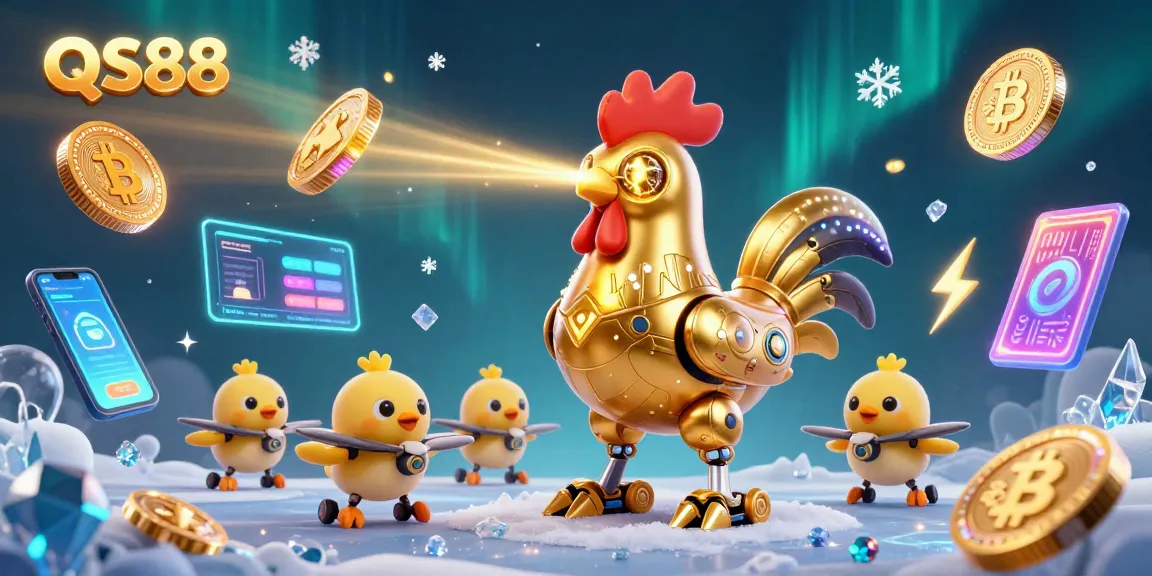 Engage with QS88's vibrant casino experience featuring a golden rooster robot amid glowing crypto elements.