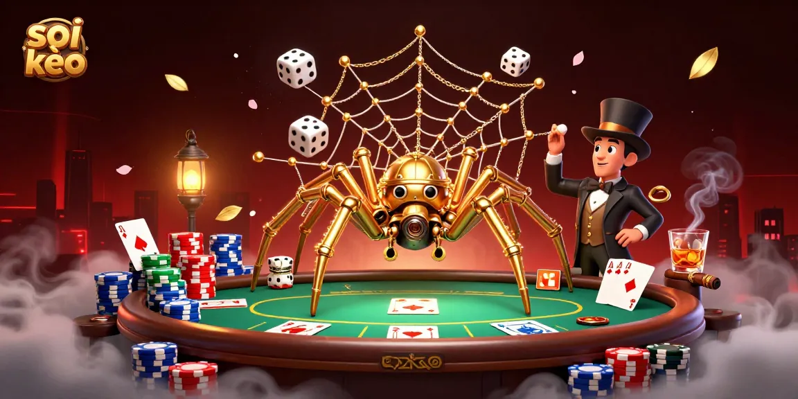 Engage in soi kèo with our immersive 3D illustration featuring a golden spider and poker elements.