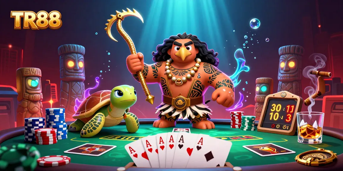Engage in TR88 poker action with vibrant characters and casino elements in a dynamic setting.