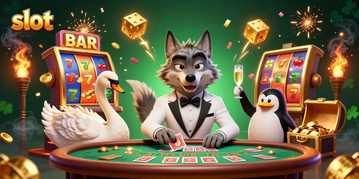 Experience thrilling slot action with a debonair wolf, elegant swan, and penguin in a dynamic casino scene.