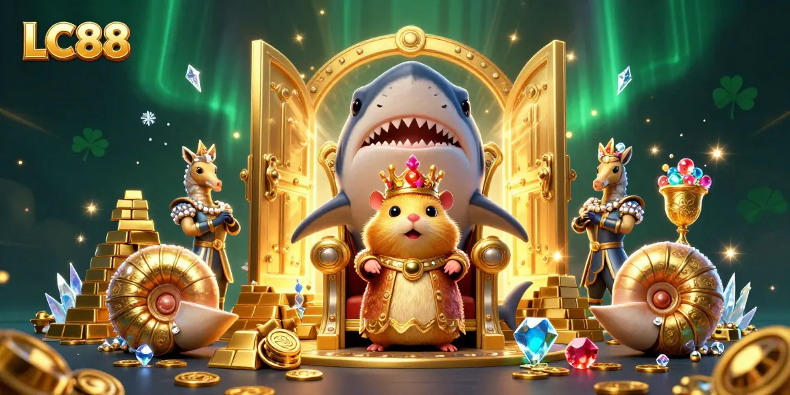LC88 reveals a vibrant scene with a hamster king and treasures, perfect for casino gaming enthusiasts.