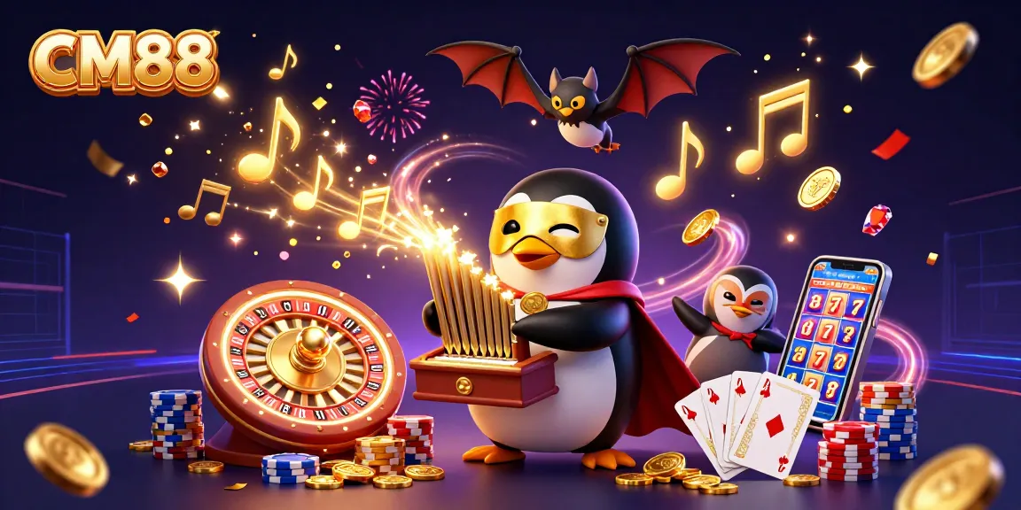 Experience the excitement of CM88 as a penguin plays an organ shooting coins in a vibrant casino scene.